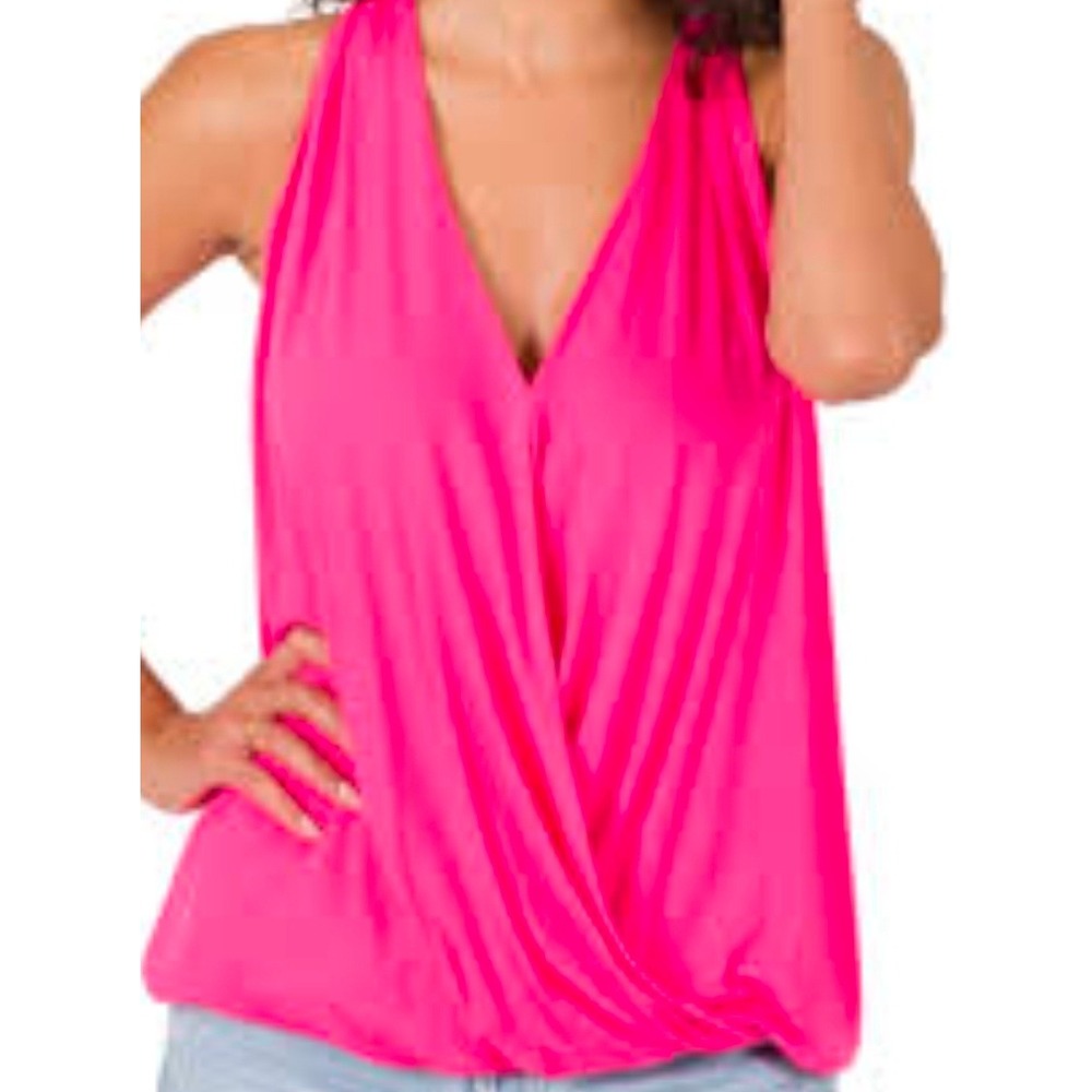 Zenana Wrap Front Tank Top Women L Pink Surplice Bubble Hem PT-2387AB #789